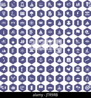100 sailing vessel icons hexagon purple Stock Vector