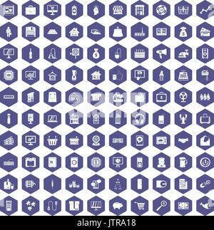 100 sales icons hexagon purple Stock Vector