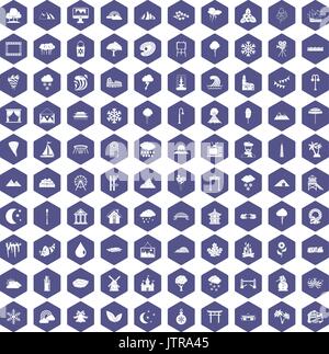 100 scenery icons hexagon purple Stock Vector