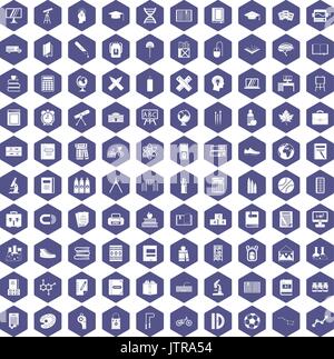 100 school icons hexagon purple Stock Vector