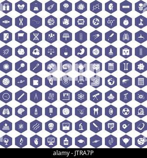 100 science icons hexagon purple Stock Vector
