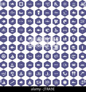 100 sea icons hexagon purple Stock Vector