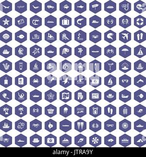 100 sea life icons hexagon purple Stock Vector