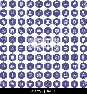 100 shield icons hexagon purple Stock Vector
