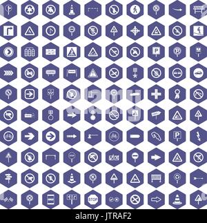 100 road signs icons hexagon purple Stock Vector