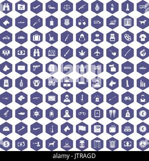 100 smuggling icons hexagon purple Stock Vector