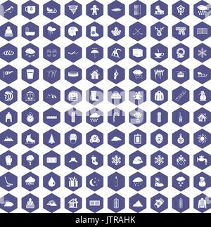 100 snow icons hexagon purple Stock Vector