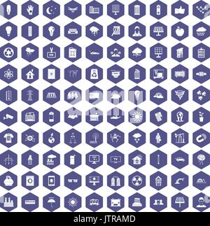 100 solar energy icons hexagon purple Stock Vector