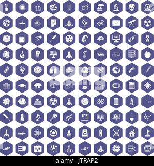 100 space icons hexagon purple Stock Vector