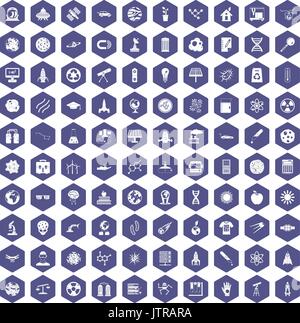 100 space technology icons hexagon purple Stock Vector