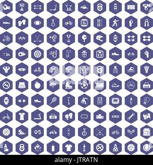 100 sport icons hexagon purple Stock Vector