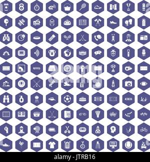 100 sport journalist icons hexagon purple Stock Vector