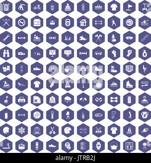 100 sport life icons hexagon purple Stock Vector