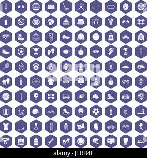 100 sport accessories icons hexagon purple Stock Vector