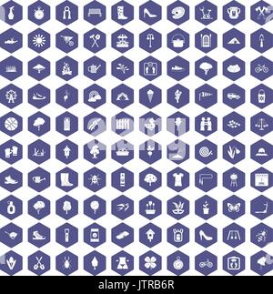100 spring icons hexagon purple Stock Vector