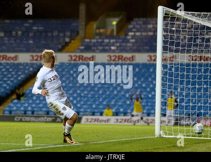 Leeds United's Samu Saiz scores his 2nd goal during the Carabao Cup, First Round match at Elland Road, Leeds. Stock Photo