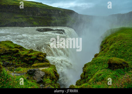 Mist and spray from Gullfoss waterfall, Iceland, on an overcast day. Stock Photo