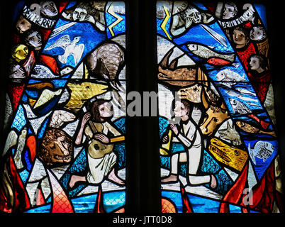 Stained Glass in the Stiftskirche Church in Tubingen, depicting Creation, with birds, fish, mammals en two children playing music Stock Photo