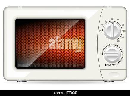 White plastic microwave oven. Mechanical control. Closed door Stock Vector