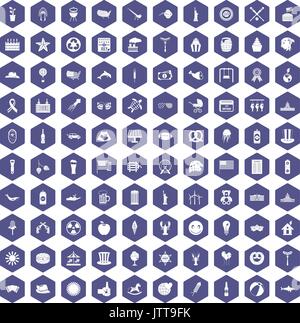 100 summer holidays icons hexagon purple Stock Vector