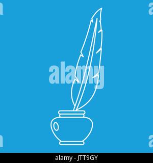 Feather quill pen standing in bottle of ink icon Stock Vector