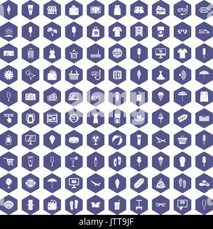 100 summer shopping icons hexagon purple Stock Vector