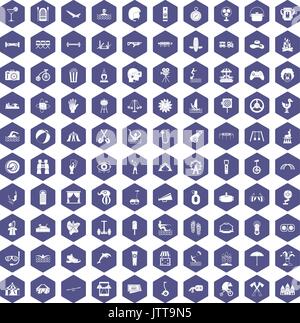 100 summer vacation icons hexagon purple Stock Vector