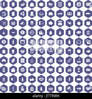 100 supermarket icons hexagon purple Stock Vector