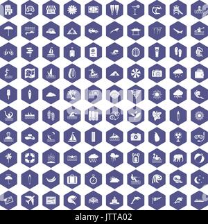 100 surfing icons hexagon purple Stock Vector