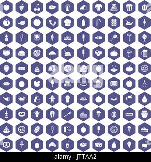 100 tasty food icons hexagon purple Stock Vector