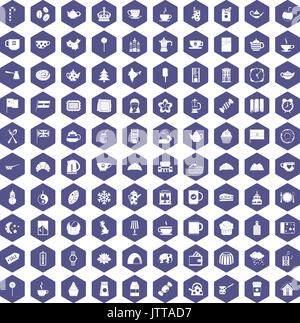 100 tea cup icons hexagon purple Stock Vector