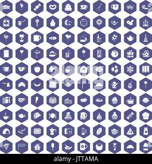 100 tea party icons hexagon purple Stock Vector