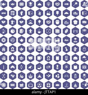 100 tea time food icons hexagon purple Stock Vector