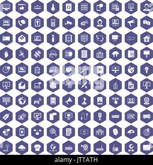 100 telecommunication icons hexagon purple Stock Vector