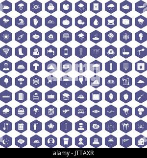100 thunderstorm icons hexagon purple Stock Vector