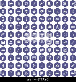 100 tools icons hexagon purple Stock Vector
