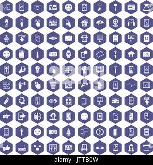 100 touch screen icons hexagon purple Stock Vector