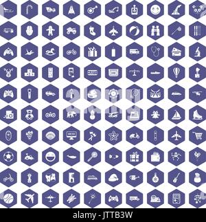 100 toys for kids icons hexagon purple Stock Vector
