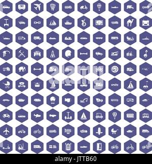 100 transport icons hexagon purple Stock Vector