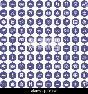 100 travel icons hexagon purple Stock Vector
