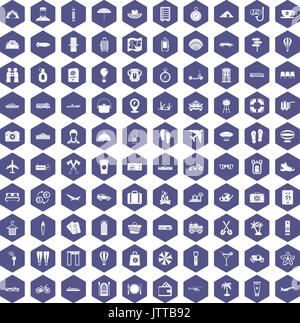 100 travel time icons hexagon purple Stock Vector