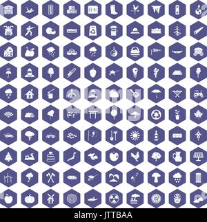 100 tree icons hexagon purple Stock Vector