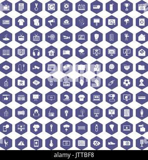 100 TV icons hexagon purple Stock Vector