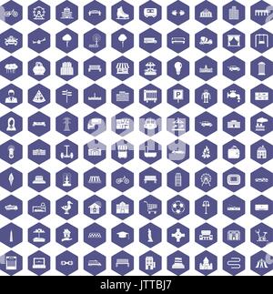 100 urban icons hexagon purple Stock Vector