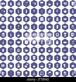 100 utensil icons hexagon purple Stock Vector