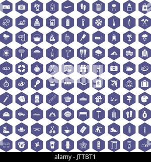 100 vacation icons hexagon purple Stock Vector