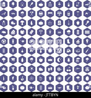 100 vegetables icons hexagon purple Stock Vector