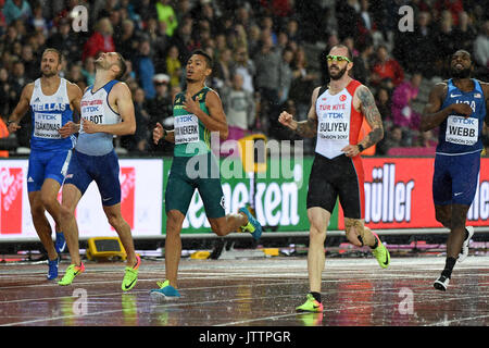 London, UK.  9 August 2017.  Ramil Guliyev (Turkey) wins his men's 200m semi-final at the London Stadium, on day six of The IAAF World Championships London 2017. Wayde van Niekerk (South Africa) goes through as a fastest qualifier.  Danny Talbot (GB) fails to qualify. Credit: Stephen Chung / Alamy Live News Stock Photo