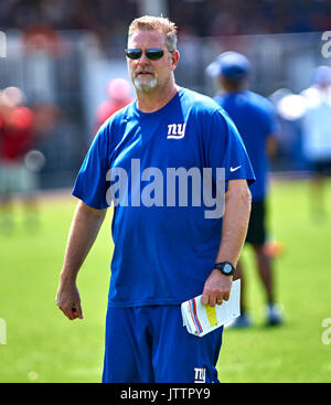 August 9, 2017 - East Rutherford, New Jersey, U.S. - New York Giants' quarterback coach Frank Cignetti during practice session at the Quest Diagnostics Training Center in East Rutherford, New Jersey. Duncan Williams/CSM Stock Photo