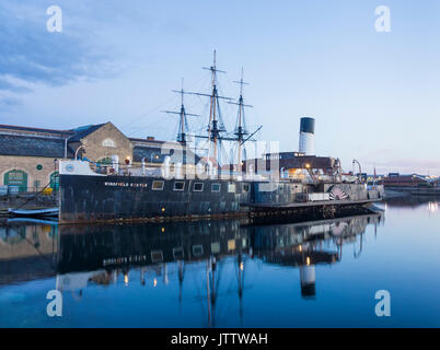 Hartlepool, County Durham, north east England, UK. 10th Aug, 2017. UK weather: The National Museum of the Royal Navy at sunrise on a glorious Thursday morning on the north east coast. PICTURED: Nearest: P.S.S. Wingfield Castle a restored paddle steamer and former passenger ferry launched in 1934, built in Hartlepool by William Gray & Co. Background: HMS Trincomalee, the oldest British warship still afloat. Credit: ALAN DAWSON/Alamy Live News Stock Photo
